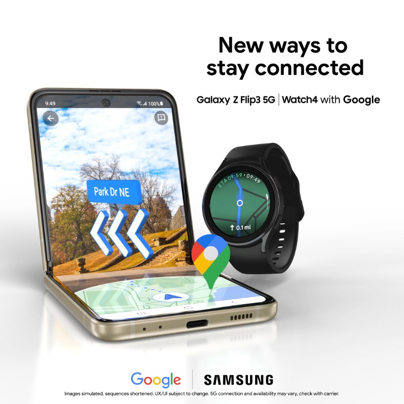 Google's tweet photo. Put the phone away and still find your way with Google Maps on the new Samsung #GalaxyZFlip3 5G and #GalaxyWatch4 🚶‍♂️👟