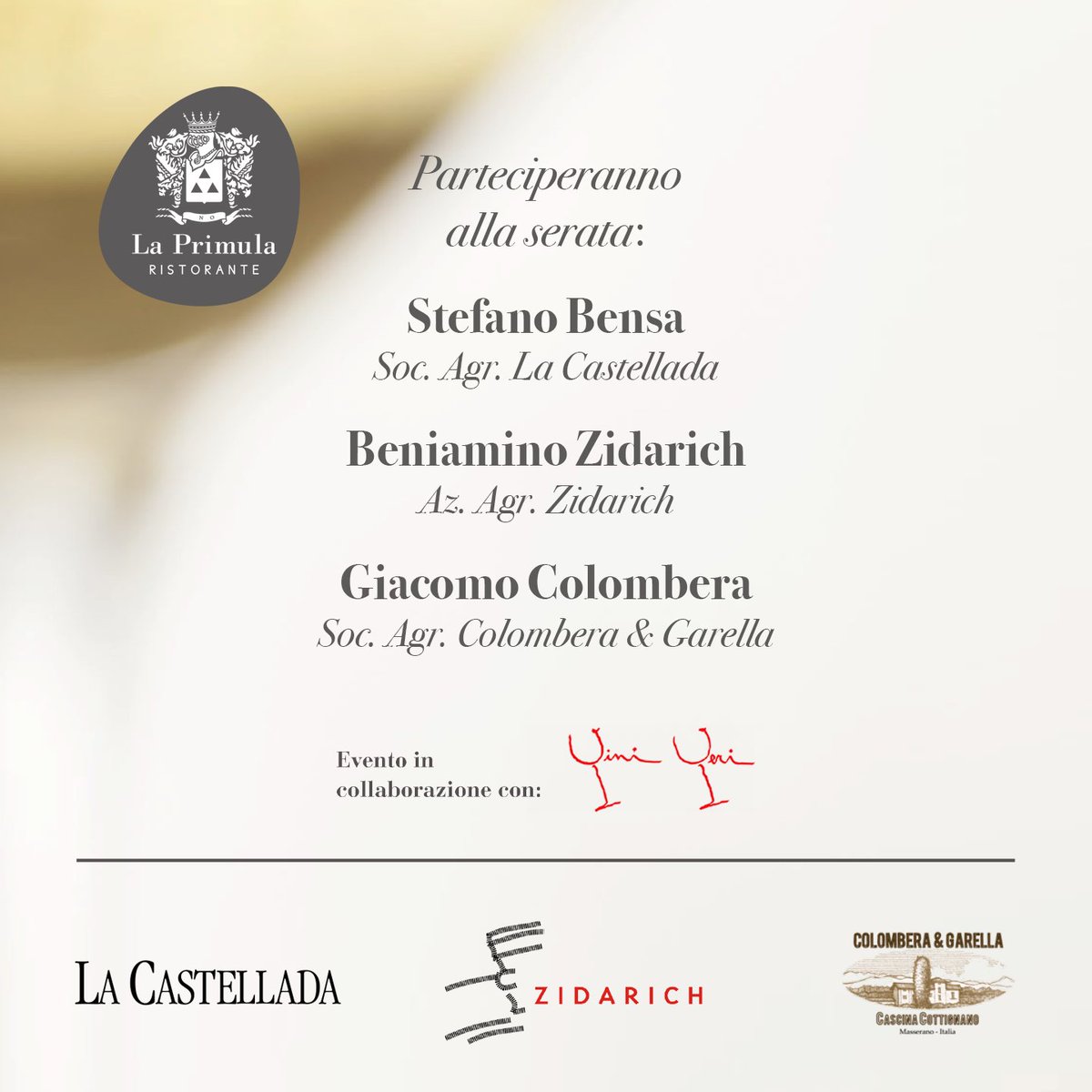 laPrimula1873's tweet photo. Venerdì 12 Novembre il Ristorante La Primula vi aspetta alla serata "Cena con La Castellada, Zidarich e Colombera &amp; Garella".
Evento in collaborazione con @Naturalwines
https://t.co/HFuvY2hS9W
☎️043491005
info@ristorantelaprimula.it

#laprimula #michelinstar #fvgrestaurant https://t.co/P0rDBJirDL