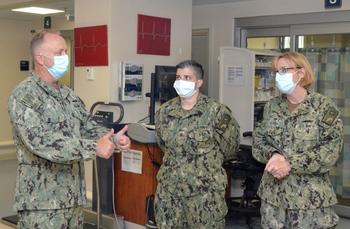 NavyMedicine's tweet photo. Naval Medical Forces Atlantic visits Naval Hospital Jacksonville  (and gives 2 thumbs up!)

Rear Adm. Darin Via, NMF Atlantic’s commander, speaks with Capt. Teresa Allen, hospital &amp; NMRTC Jacksonville CO, and Lt. Cmdr. Alexandra Perry. 
#navymedicine #NMRTCJacksonville #NMFA https://t.co/gbJIDUybwK