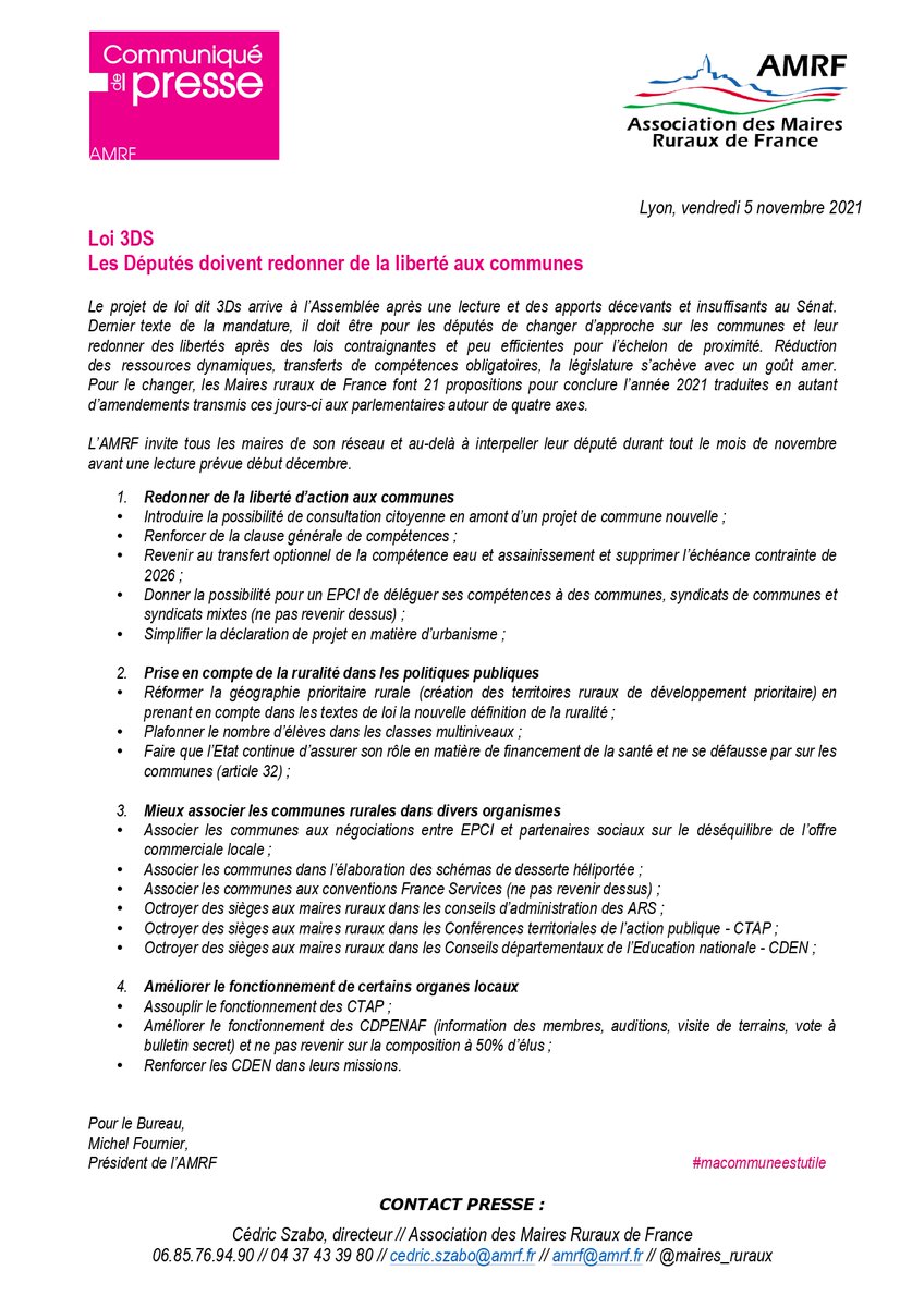 Maires_Ruraux's tweet photo. [Communiqué] Le projet de loi dit 3Ds arrive à l’Assemblée après une lecture et des apports décevants et insuffisants au Sénat. Pour le changer, les Maires ruraux de France font 21 propositions pour redonner de la liberté aux communes.
Pour lire le CP : https://t.co/1CkENgYLs5 https://t.co/hC7ivXLYM8