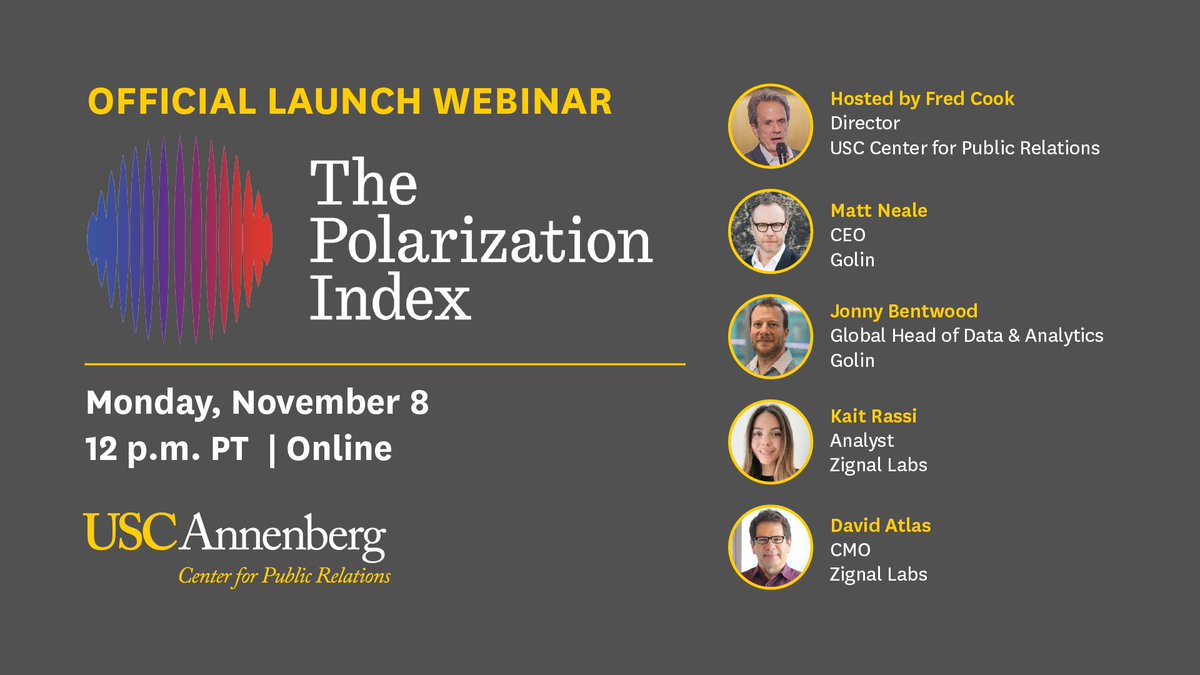 Mark your calendars for Monday to check out the launch of the USC Polarization Index, this first-ever data science-based index tracking national political division as measured within social media conversations! 🤯 <a href="/fredcook/">Fred Cook</a> <a href="/USCAnnenberg/">USC Annenberg</a>