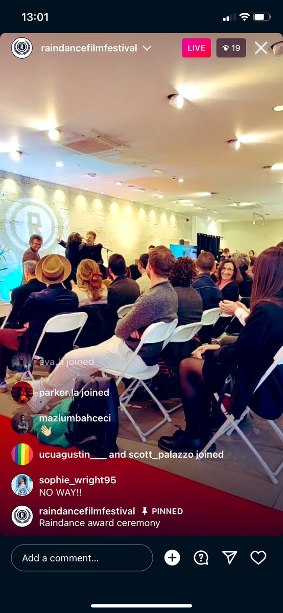 Caroline_Cauchi's tweet photo. I watched the @Raindance award ceremony live on Instagram. The cheers were glorious. Love this captured moment of @LukeCutforth and @JoshWinslade, with @xsophiewrightx in the comments. #arthurbraxton https://t.co/zkp8l0TwRW