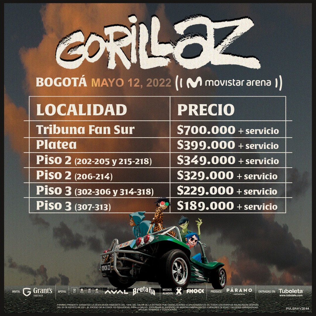CulturaRock_Tv's tweet photo. #NoticiasCulturaRock Ya los amigos de #ParamoPresenta nos presentan el valor de la boleteria para el regreso de @gorillaz a Colombia en Mayo de 2022 https://t.co/7xtY4MQAxl