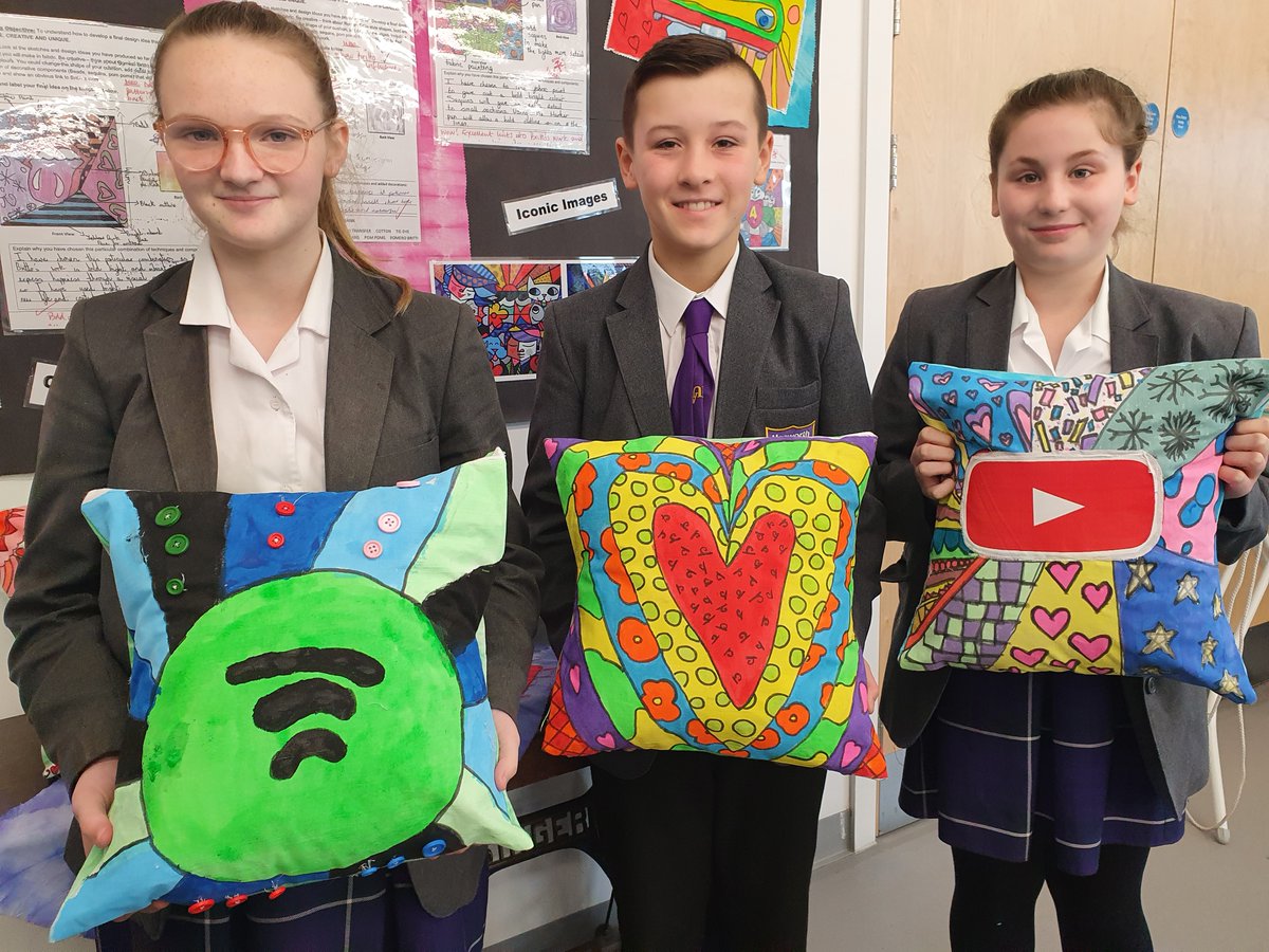 UnsworthAcademy's tweet photo. Well done to year 8 DT Textiles learners - first Romero Britto inspired cushions of the year completed!! 
#dttextiles #romerobritto https://t.co/z4SXQWkE9C