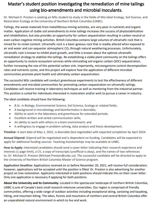 MD_Preston's tweet photo. MSc position @UNBC Soil microbes as a remediation strategy for the mining industry. Aim: restore ecosystem services and carbon sequestration. Industrial partner provides mentorship. Ideal for future environmental professionals. @CSSS_Soils @thePRSSS @SERestoration @CSEE_SCEE https://t.co/ttGPKY5Lwg