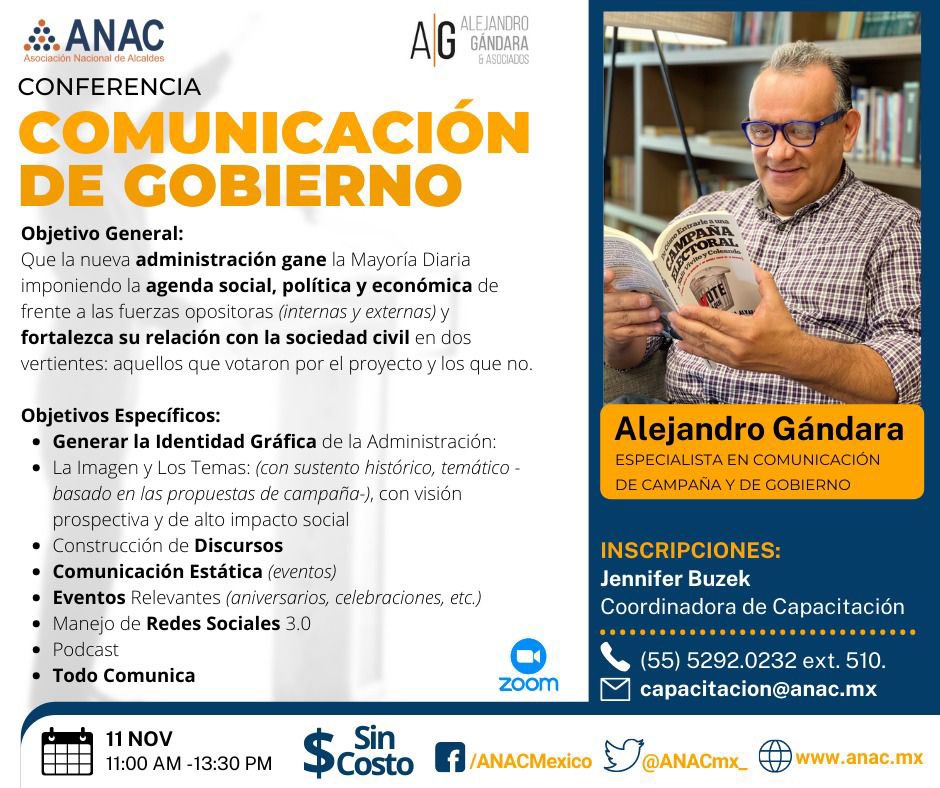🙌 Te invitamos a participar en la #ConferenciaGratuita: "Comunicación de Gobierno", donde conocerás acerca del manejo de redes sociales y la elaboración del discurso.

🗓️ 11 de noviembre. De 11:00 a 13:30 hrs.

<a href="/STaboadaMx/">Santiago Taboada</a> , Alc. de <a href="/BJAlcaldia/">Alcaldía de Benito Juárez</a> y Pdte. <a href="/ANACmx_/">Asoc. Nal de Alcaldes</a>