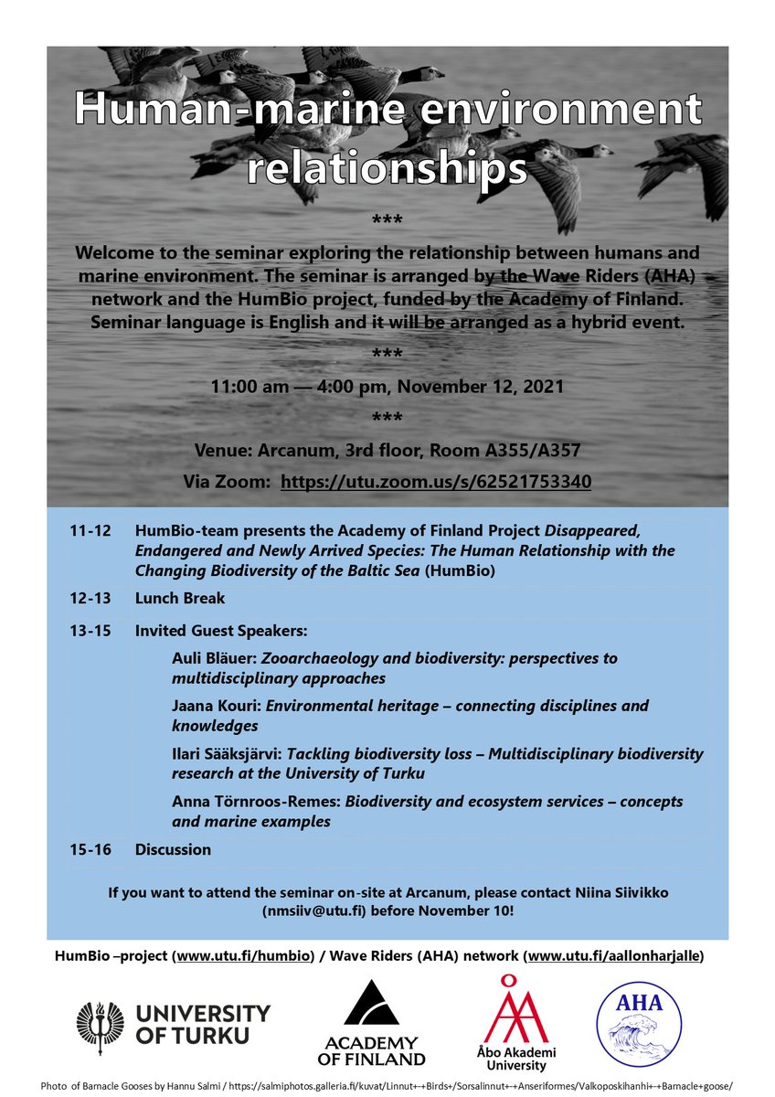 HumBio_project's tweet image. The seminar exploring the relationship between humans and the marine environment, arranged by @aallonharjalle and @HumBio_project, on Friday 12.11.2021. Hybrid event! (If you want to attend the seminar on-site @UniTurku, contact nmsiiv@utu.fi) #biodiversity #multidisciplinarity