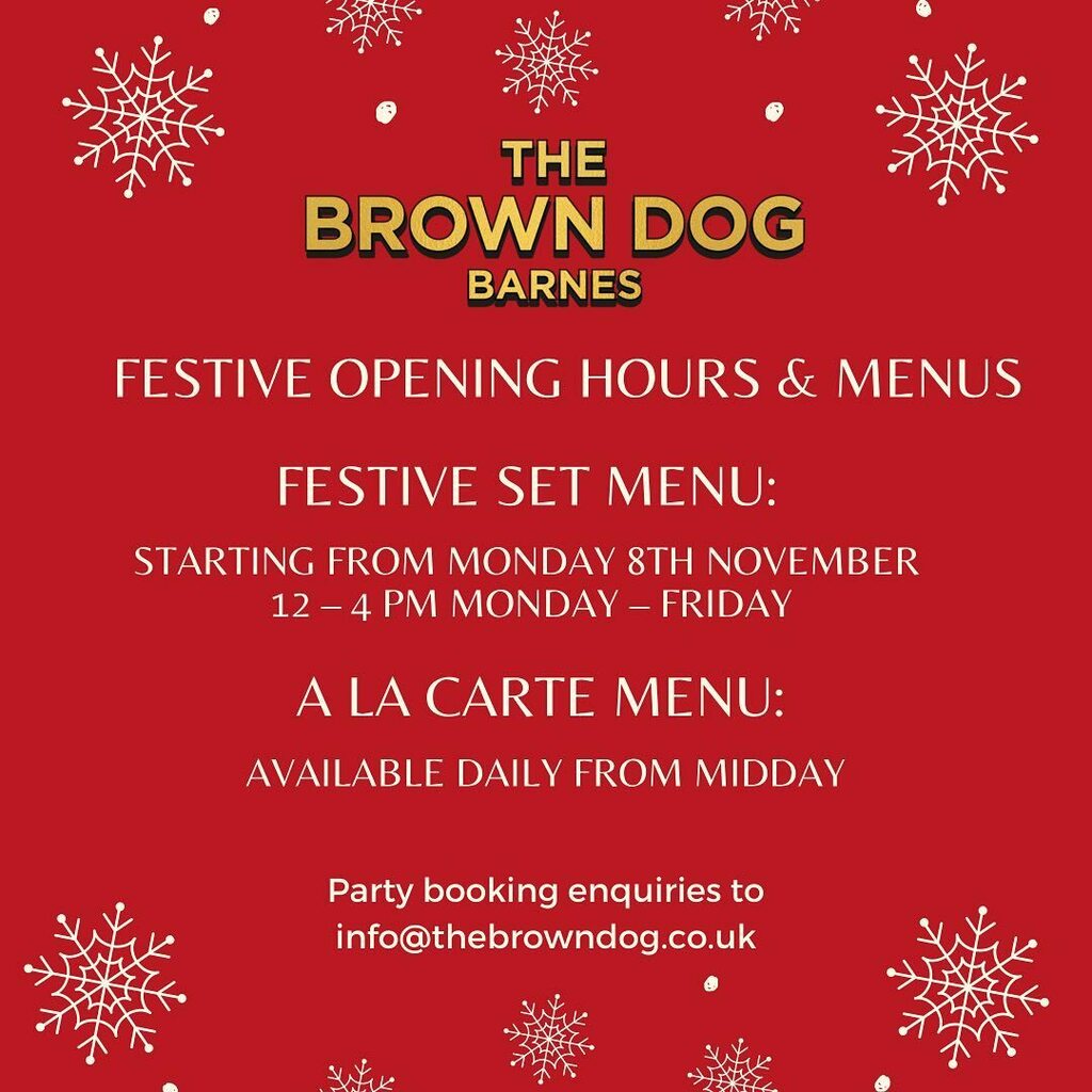It’s time to book your festive feast at The Brown Dog. Give us a call on 020 8392 2200 or email info@thebrowndog.co.uk to book a table or discuss your party! 🎉 instagr.am/p/CV5pNB1IL1d/