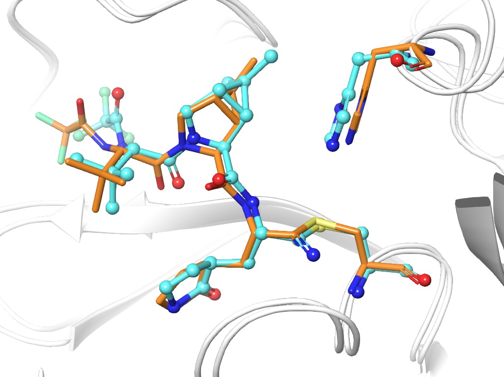 This compound inhibits the main protease of #SARSCoV2 forming a covalent complex.
In the image, in cyan, the recently reported x-ray structure of the complex (7VH8 from pdb.org) and in orange our computational prediction published in Chem. Commun. 2021,57, 9096.