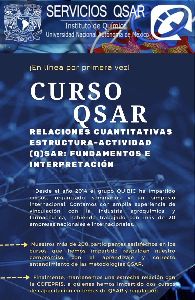 qsariq's tweet photo. Nueva edición del curso QSAR, Fundamentos e Interpretación. 

Mayor información? Envíanos un correo a:
cursos.qsar@iquimica.unam.mx

Registro: https://t.co/oVBrP8xbln https://t.co/uLnYCC0Du0