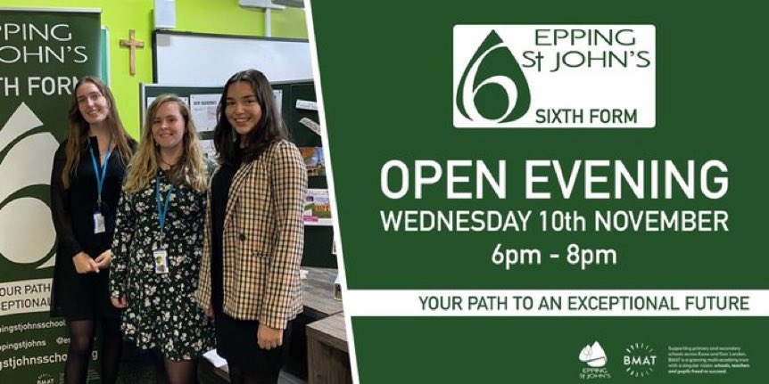 Sixth Form Open Evening <a href="/EppingStJohns/">ESJ</a> <a href="/ESJ6Form/">Epping St John’s Sixth Form</a> Wednesday 10th November 6-8pm