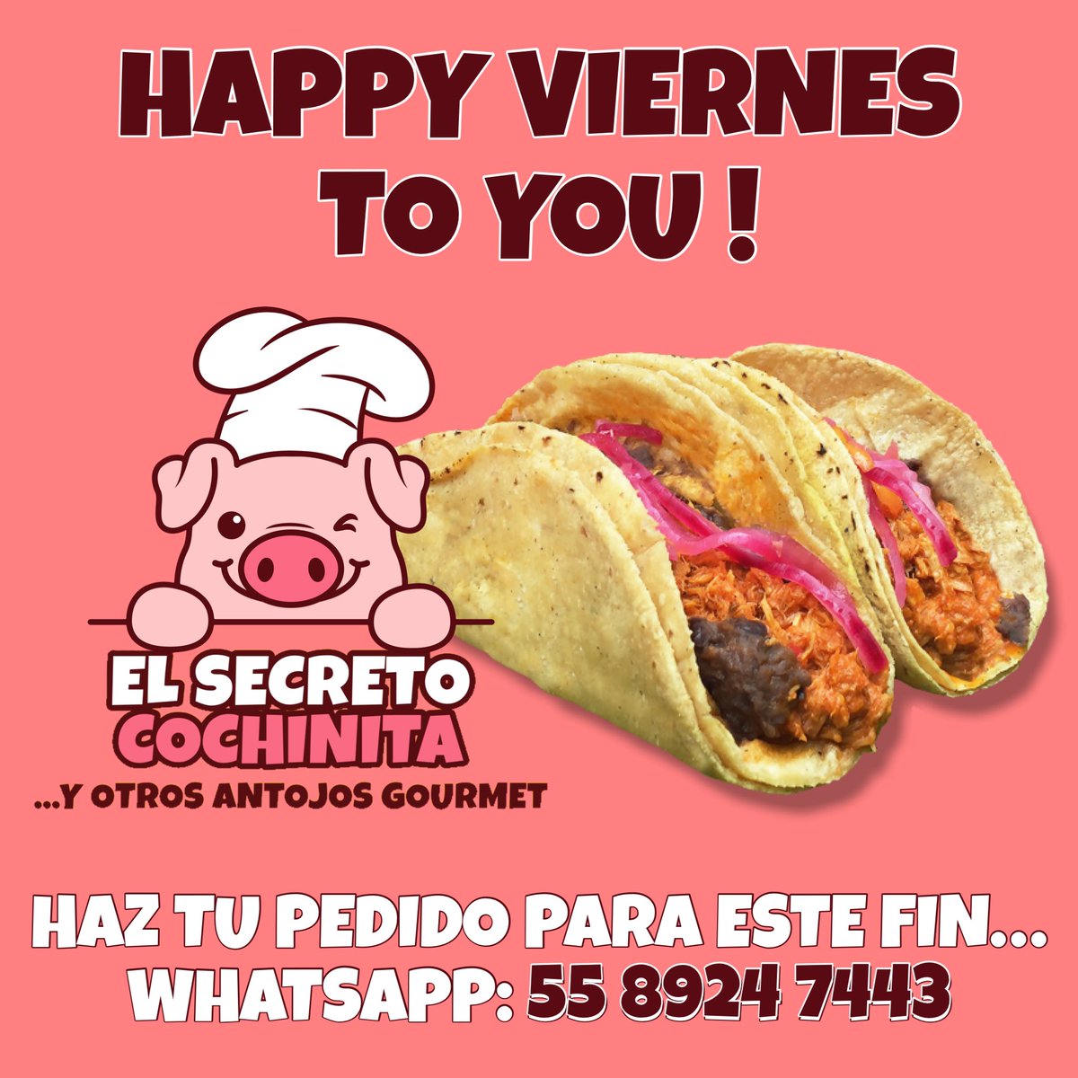 ElSecretoCochi's tweet image. *¡Para este fin de semana!* 🌮🌮🌮 *y todos los días de la semana.* Pedidos por *WhatsApp*: 5589247443 🌮🌮🌮 Síguenos en nuestras redes sociales: linktr.ee/ElSecretoCochi
