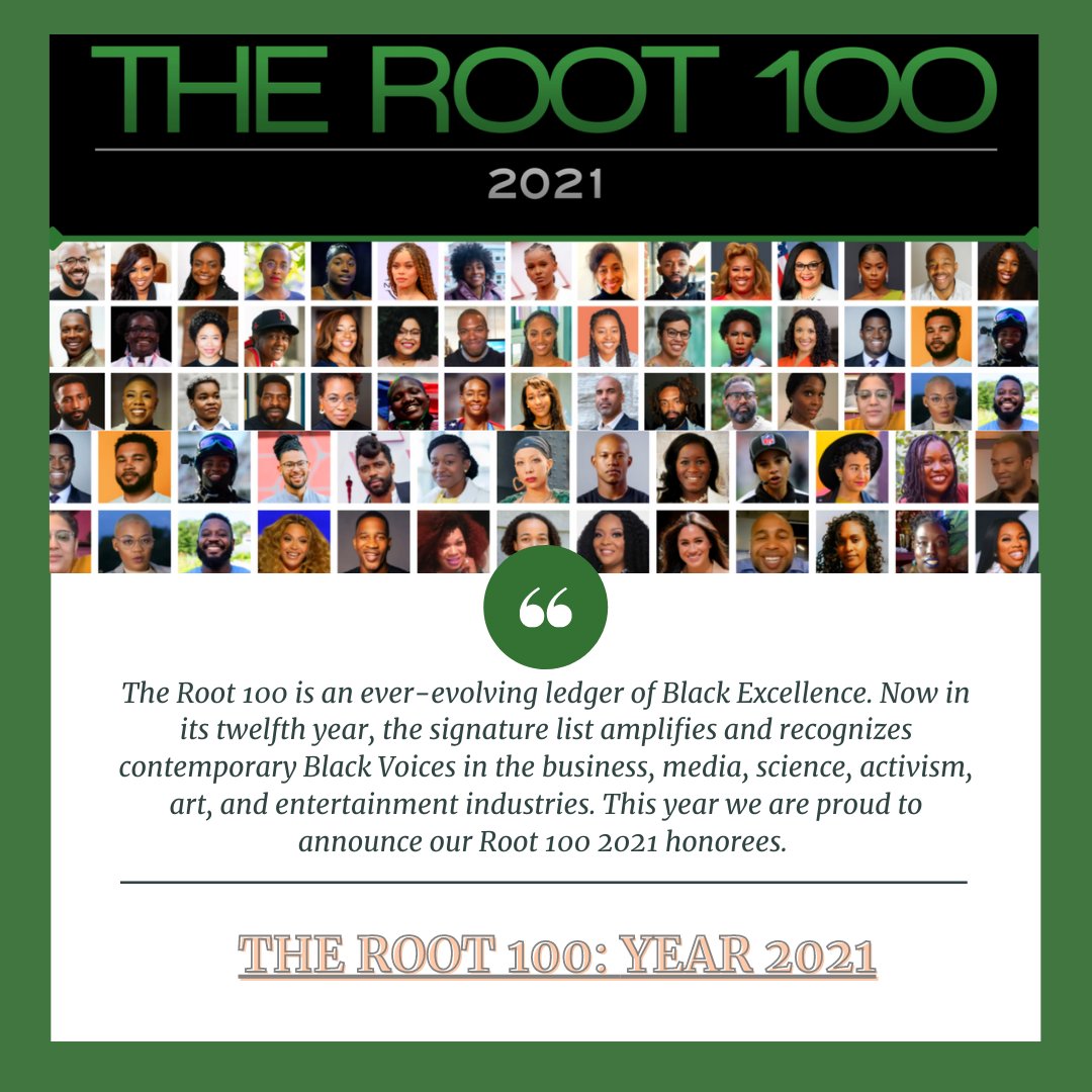 TheRoot's tweet photo. @Laura_Kupe @rianaelyse @lendistry @TiffanyCrutcher @aicha4education @ImaniRG @JaH_HoLLa @glamonthehill @jazzyrae @BraceyDuJour @CamilleEsq @GeoffreyStarks @goodwrk @Beyonce @theloserteacher @jdawkinsatl @abronsgrandson @Mindless_BMD @ZerinaAkers @Nikki_T @barrygivensjr @GuerrierFabrice @OmarJimenez @BaltimoreHaven @rrobasciotti @NikemaWilliams @dwaynebetts @MzBerryThrows @ashleyn1cole @kerbito @jordan_casteel @DrDamienFair @drkeyhallmon @BrielleRyan @ellietalksmoney @jewelmelanie @Tiara_Thomas @nehemiahdfrank @ZerlinaMaxwell @GiveMe1Shot @MorganJerkins @AndraDayMusic @emarvelous @DrRoshawnna @swimone @NifMuhammad @biancaesmith12 @cecilesalvant @Indiawaltonbflo Our honorees are a reminder of the beauty and brilliance of Blackness when the cultural landscape has grown hostile to the idea of Black achievement. Congratulations to this year's #Root100 honorees, we acknowledge your voices and praise your accomplishments. Presented by @Ally. https://t.co/hEHzR1fZpd
