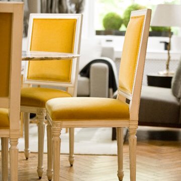Whether a swath of canary or a hint of golden, bring the sunshine today inside with yellow accents. <a href="/OficinaInglesa/">Oficina Inglesa</a> 'Ivette' is a Louis XVI dining chair upholstered in a beautiful yellow velvet #styleradarDCCH