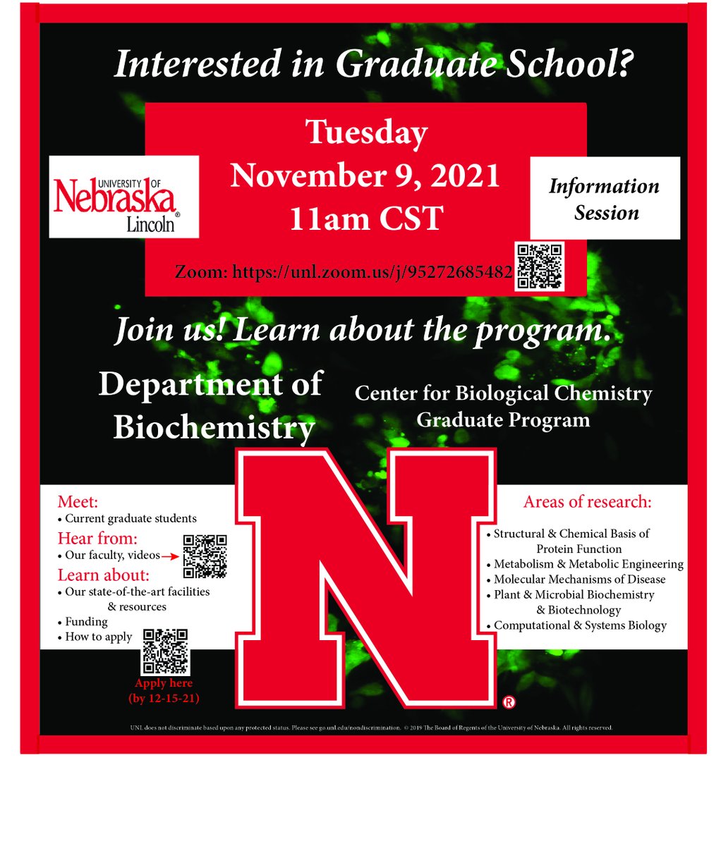 Lindsey Crawford (@lb_crawford) on Twitter photo Curious about #PhD in #biochemistry? Research on #molecularmechanisms of #disease, #protein function, #computationalbiology, #plant biochemistry. Find out more about <a href="/UNL_Biochem/">Nebraska Biochem</a>'s programs including funding, science & resources.
Tuesday - November 9 at 11am CST
#gradschool Curious about #PhD in #biochemistry? Research on #molecularmechanisms of #disease, #protein function, #computationalbiology, #plant biochemistry. Find out more about <a href="/UNL_Biochem/">Nebraska Biochem</a>'s programs including funding, science & resources.
Tuesday - November 9 at 11am CST
#gradschool
