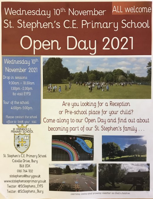 StStephens_Bury's tweet photo. 📢SPREAD THE WORD📢We are holding an open day and invite you to come and see our wonderful school on Wednesday 10th November. Tell everyone you know. Please retweet #learninglovingandgrowing #togetherasGodschildren #weloveststephens #ststephensfamily https://t.co/SmKD39xnM6