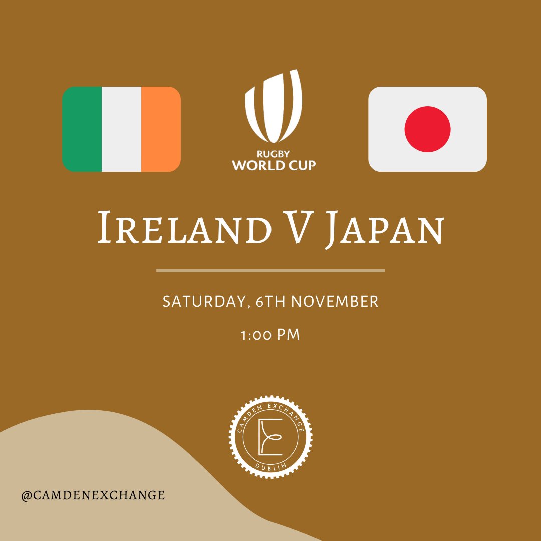 Join us at <a href="/camdenexchange/">Camden Exchange</a> tomorrow at 1 pm to watch Ireland take on Japan at The Aviva Stadium! 🇮🇪🇯🇵🎉 

#rugby #worldcup #rugbyworldcup #autumninternationals #ireland #japan #joinus #Dublin #Ireland #Camdenst #tarastreet #templebar #bar #bars #camdenexchange