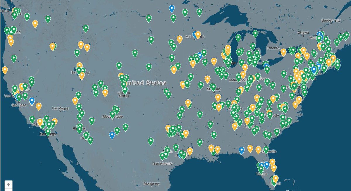 U.S. Map of all Webb Community Events, with green and yellow push pins representing event locations and the type of event (in-person or virtual)