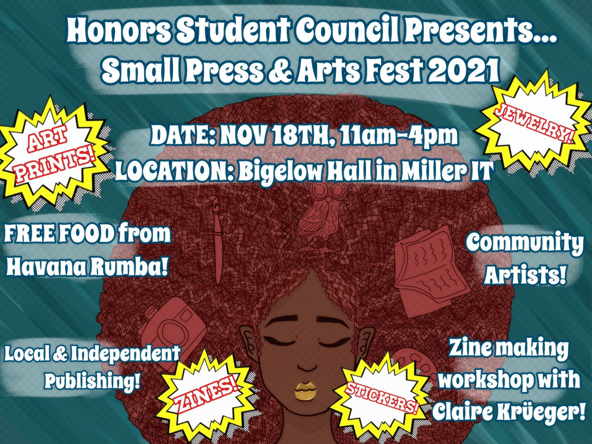 UofL_HSC's tweet photo. The Small Press &amp; Arts Fest is happening November 18th from 11:00am- 4:00pm in Bigelow Hall in Miller IT!! Stop by to meet community artists, get free food from Havana Rumba, and get involved in a Zine making workshop led by Claire Krüeger! Can't wait to see you there 🎨✨ https://t.co/C7YAElMvqe