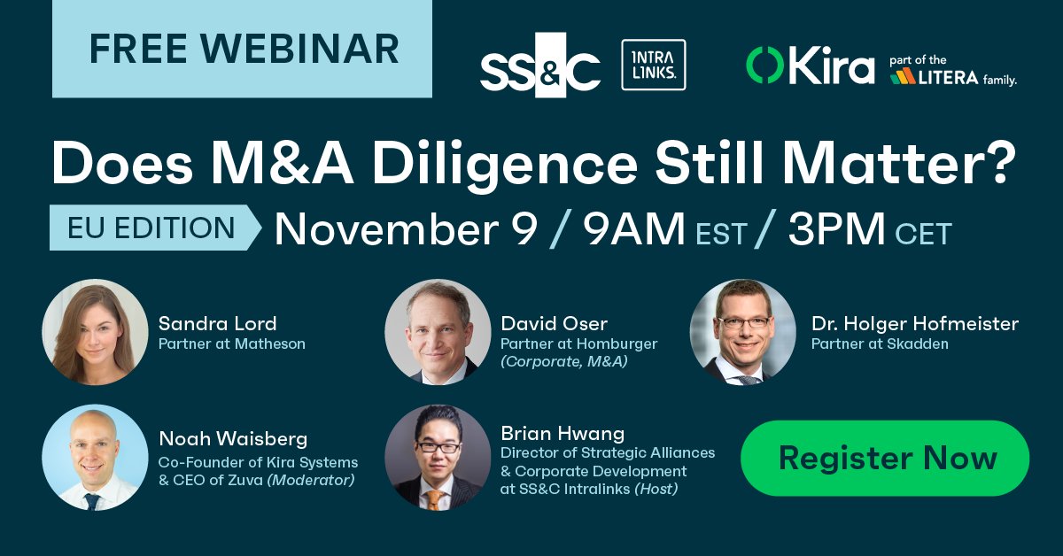 Intralinks's tweet photo. Does M&amp;A diligence still matter? Join us on tomorrow at 3:00pm #CET / 9:00am #EST to hear our panel to hear the unique perspectives of leading EU #MnA lawyers who are observing the changes in #duediligence practices first-hand. #Registernow! https://t.co/neUkOkRDio https://t.co/geJX86Rdxf