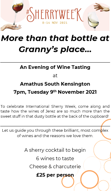 Wine tasting - yes, come along to celebrate #sherryweek.  This delicious, complex wine is so much more than you might think!

#sherry #southken #winetasting #winemerchant <a href="/AmathusDrinks/">Amathus</a>
