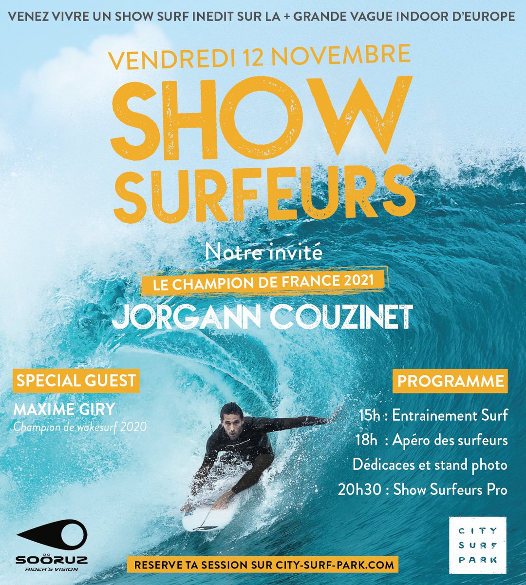 Surf Show avec Jorgann Couzinet 🌊
Ce vendredi 12 novembre, nous avons l’immense honneur de recevoir le champion de France de Surf 2021, Jorgann COUZINET au City Surf Park de Lyon !
On vous attend nombreux 🎉