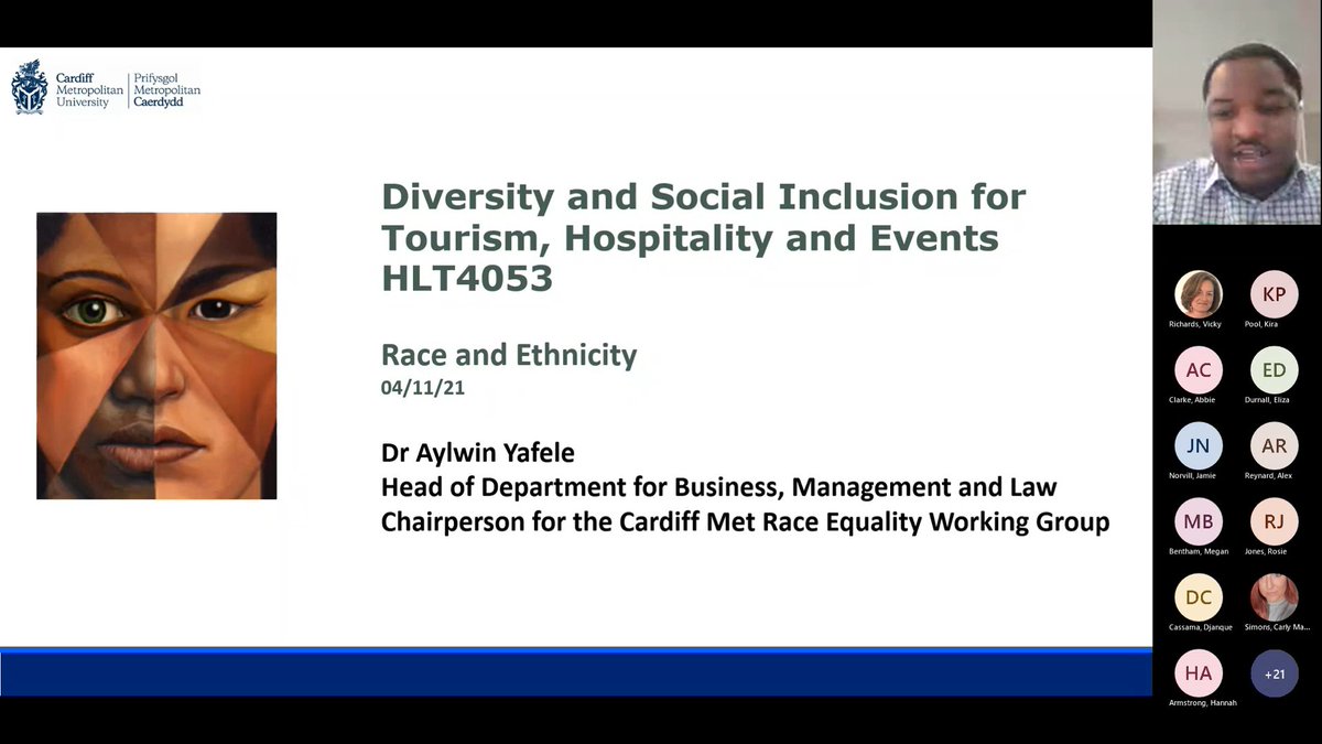 DrVickyCardiff's tweet photo. Thank you to Dr Aylwin Yafele for his guest presentation @CardiffMetTHE @cardiffmet #DiversityModule #Conversations #RaceEquality https://t.co/xYjjeCy2rN