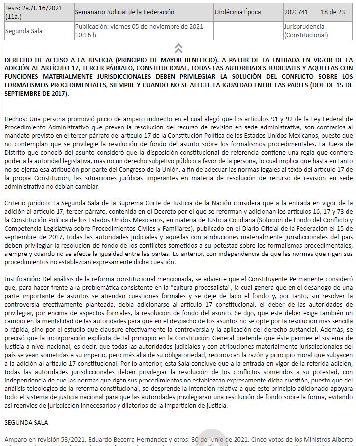 JonathanLpezTor's tweet photo. Criterio de gran #relevancia publicado hoy:
DERECHO DE #ACCESO A LA #JUSTICIA (PRINCIPIO DE #MAYOR BENEFICIO)... TODAS LAS AUTORIDADES JUDICIALES... DEBEN #PRIVILEGIAR LA SOLUCIÓN DEL CONFLICTO SOBRE LOS #FORMALISMOS PROCEDIMENTALES, SIEMPRE Y CUANDO NO SE AFECTE LA IGUALDAD... https://t.co/i7sjN6cBsO