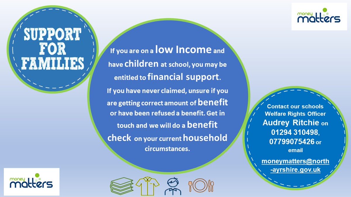 NA_MoneySmart's tweet photo. Do you have children at secondary school and worrying about your finances? Audrey Ritchie is our dedicated welfare rights officer, please contact Audrey direct👇👇👇@StMatthewsAc @IrvineRoyalAcad @arranhigh @Greenwood_Acad @LargsAcademy @Kilwinning_Acad @GarnockCampus https://t.co/NlRRDOkOQ1