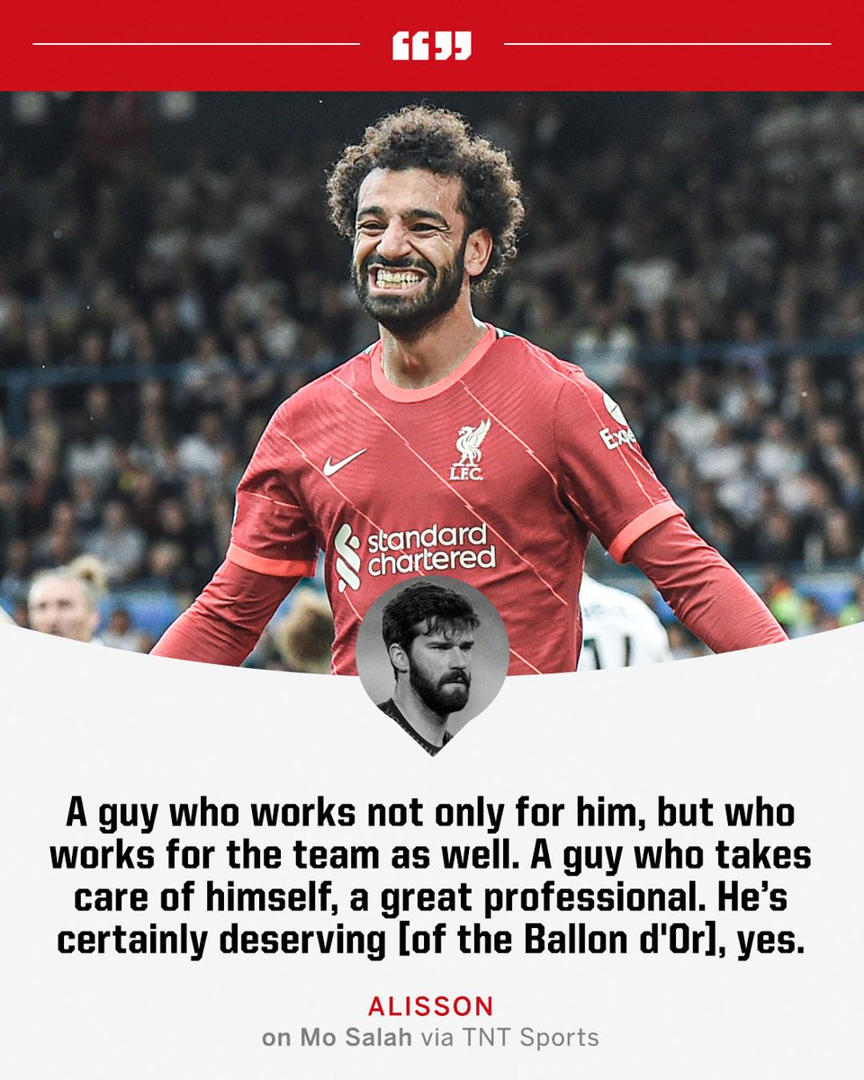 ESPNFC's tweet photo. Mo Salah would be a deserved Ballon d'Or winner, according to Alisson 🤗 https://t.co/bXCkPc0LqF