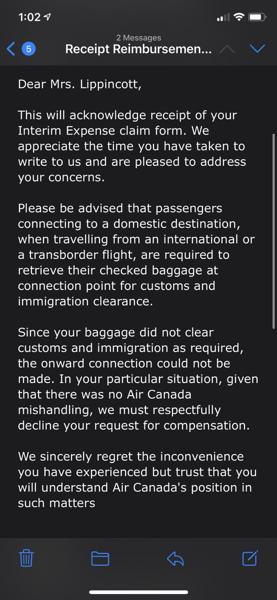 OMPurvi's tweet photo. @AirCanada trying to get me to cover the costs of a bag you sent to the wrong city and citing it as my problem and customs issues is FALSE and extremely poor customer service. Attached is my itinerary- you sent my bag to Toronto. Tell me how that’s my fault? https://t.co/y5CiJ1P7MT