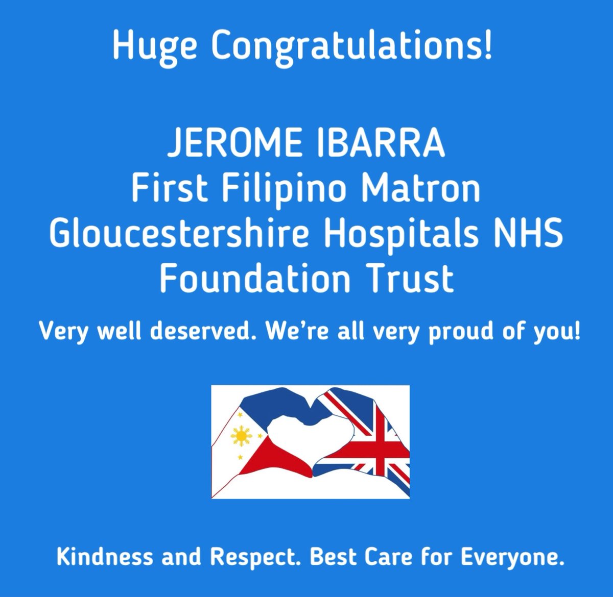 Today, Filipinos celebrate the appointment of Jerome Ibarra as the first ever matron of Filipino descent @gloshospitals. He brings huge honour to the Filipino Association of Gloucestershire, @filipinonurseuk, and hundreds of hardworking Filipinos in our Trust. Kudos!