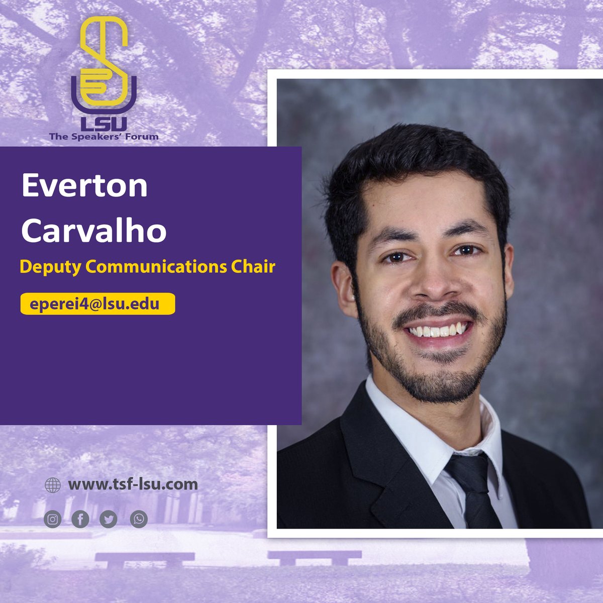 TSF_LSU's tweet photo. Meet our Deputy Communications Chair Everton Carvalho. He is a first-year graduate student at the Manship School of Mass Communication studying strategic communication. He is originally from Brazil, and his mission is to create value in society and inspire people around him. https://t.co/rrInpr1KjK