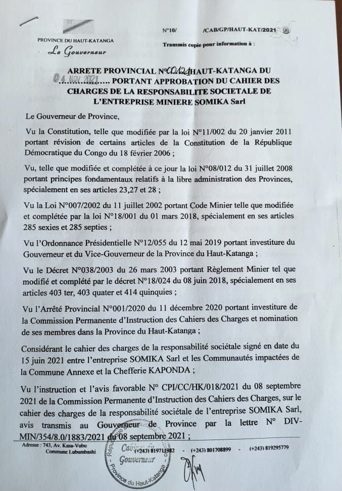 CongoMines's tweet photo. #RDC_Haut_Katanga. : Bonne nouvelle pour les communautés riveraines des projets miniers #RuashiMining, #SOMIKA et #STL. Le Gouverneur de province vient de signer les arrêtés portant approbation des cahiers des charges de RSE de ces entreprises. https://t.co/fANayektPf