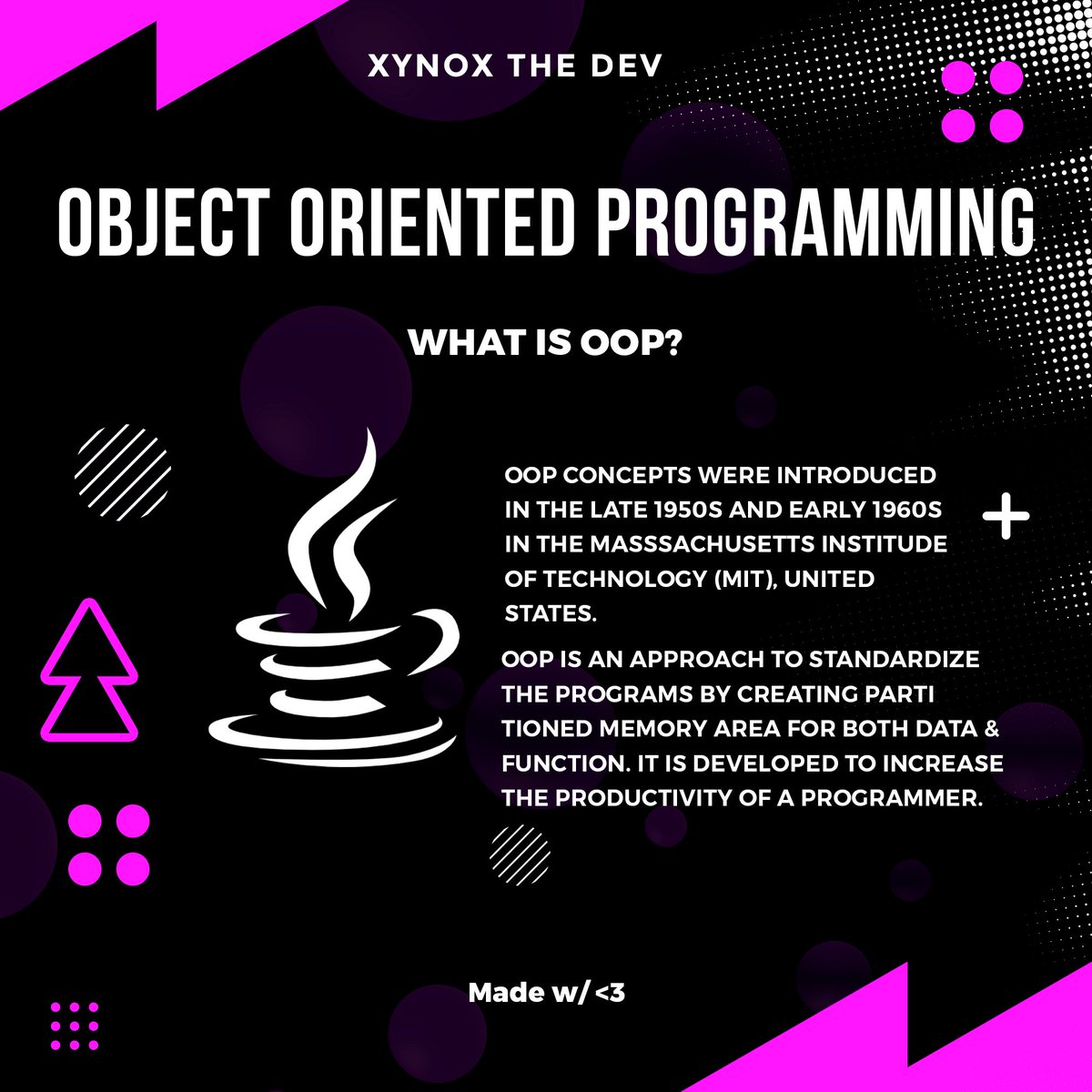 Arindamz03's tweet image. This post is about Object Oriented Programming (OOP) and its types.

🔰 Follow me on my socials i.e. /XynoxTheDev or just search XYNOX on google, for more frequent updates!

🔰 Hashtags:
#codinganddecoding #javascript #coding #developer #java #coder #frontend #backend #code #dev
