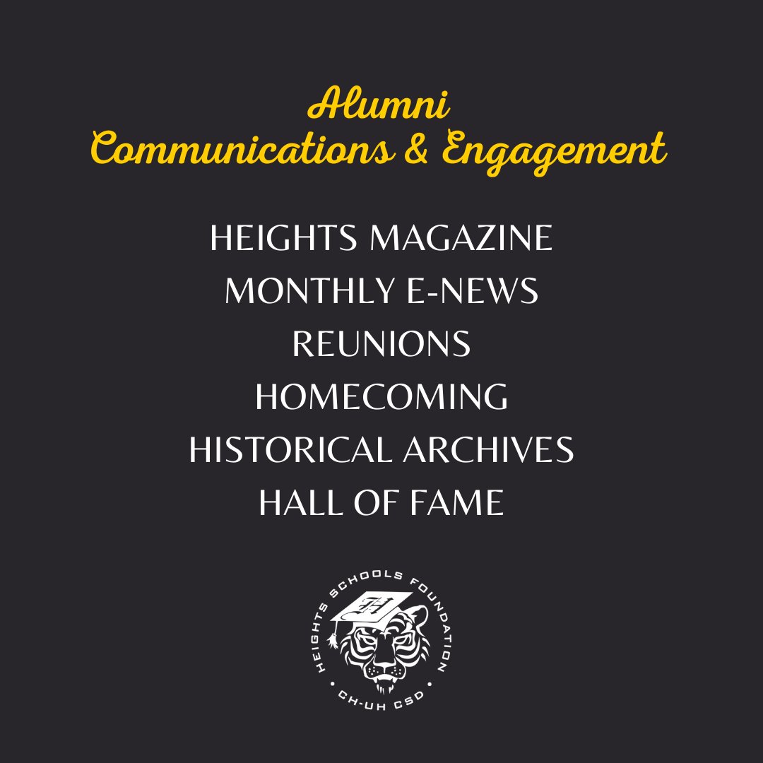 From the Hall of Fame, to reunion coordination, historical archives, community communications and beyond, Heights Schools Foundation is Alumni Central for #tigernation. 

#yourdonationsatwork #tigerpride #feelgoodfriday