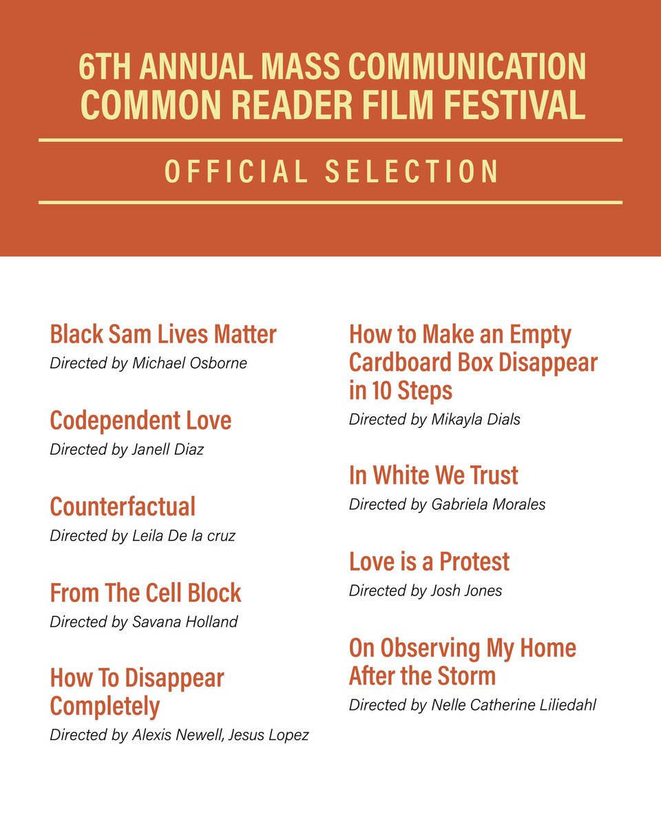 SHSUASC's tweet photo. 🎉 Congratulations 🎉 to the 6th Annual Mass Communication Common Reader Film Festival Finalists!
#shsu #shsucommonreader https://t.co/zH4ek8tewA