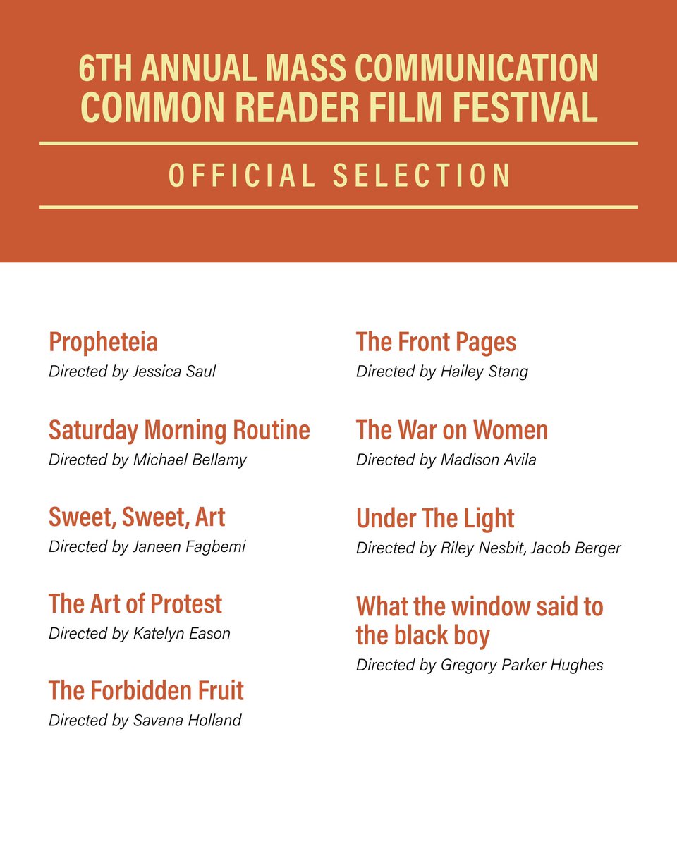 SHSUASC's tweet photo. 🎉 Congratulations 🎉 to the 6th Annual Mass Communication Common Reader Film Festival Finalists!
#shsu #shsucommonreader https://t.co/zH4ek8tewA