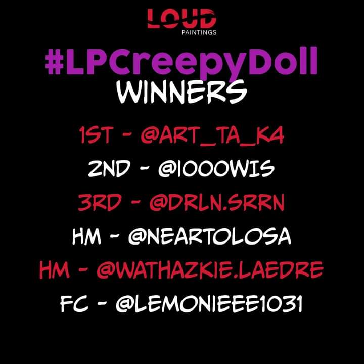 LoudPaintings's tweet photo. Here are the winners for the #lpcreepydoll contest!

1st Place - @art_ta_k4
2nd Place - @i000WIS
3rd Place - @DRLN.SRRN
Honorable Mention - @neartolosa
Honorable Mention - @wathazkie.laedre
Fan's Choice - @lemonieee1031 https://t.co/T6pitjdWOl