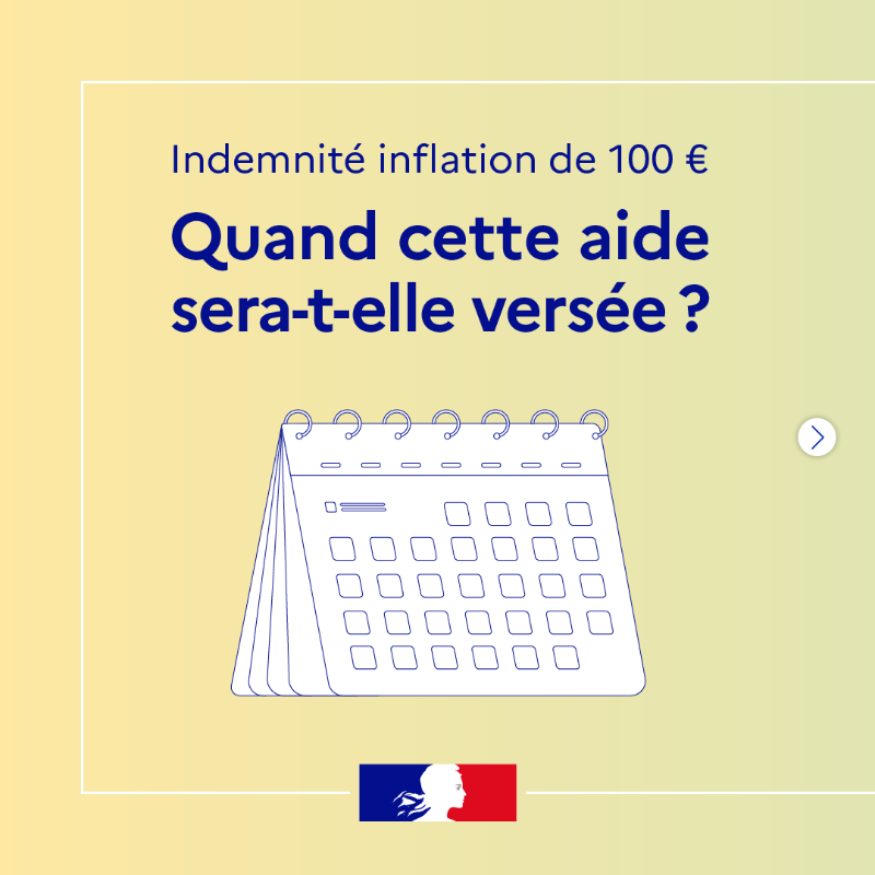 gouvernementFR's tweet photo. Indemnité inflation de 100 € versée à 38 millions de Français : quand cette aide sera-t-elle versée ? ⤵️

Pour en savoir plus : https://t.co/vK9KEVFw0l