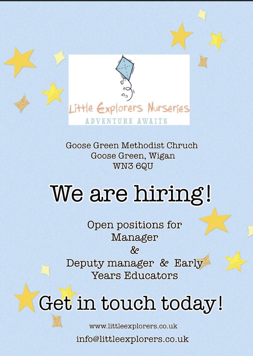 LittleNurseries's tweet photo. Super excited to announce we are hiring a super amazingly wonderful team for our new nursery in Goose Green #wigan . Contact us for more details. https://t.co/98Qgfn9Y5Z