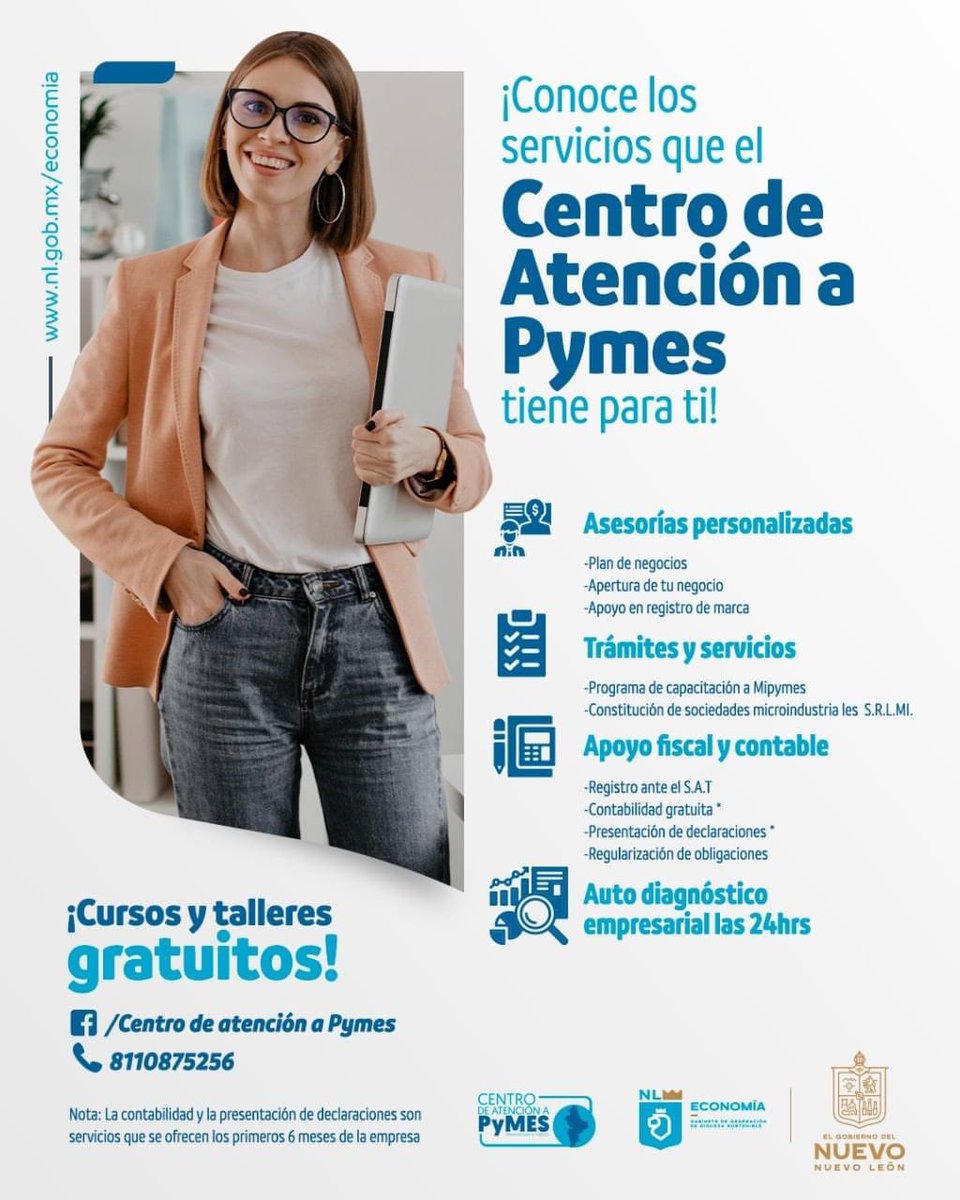 hechoennl's tweet photo. ¡Conoce los servicios que el Centro de atención a pymes tiene para ti!

✅Cursos y talleres gratuitos
✅Asesorías personalizadas 
✅Trámites y servicios 
✅Apoyo fiscal y contable 
✅Auto diagnóstico empresarial las 24hrs 

📞Contáctanos:  Tel. 8110875256

#NuevoNL #Economía #CAP https://t.co/7Rrz9dHAgf