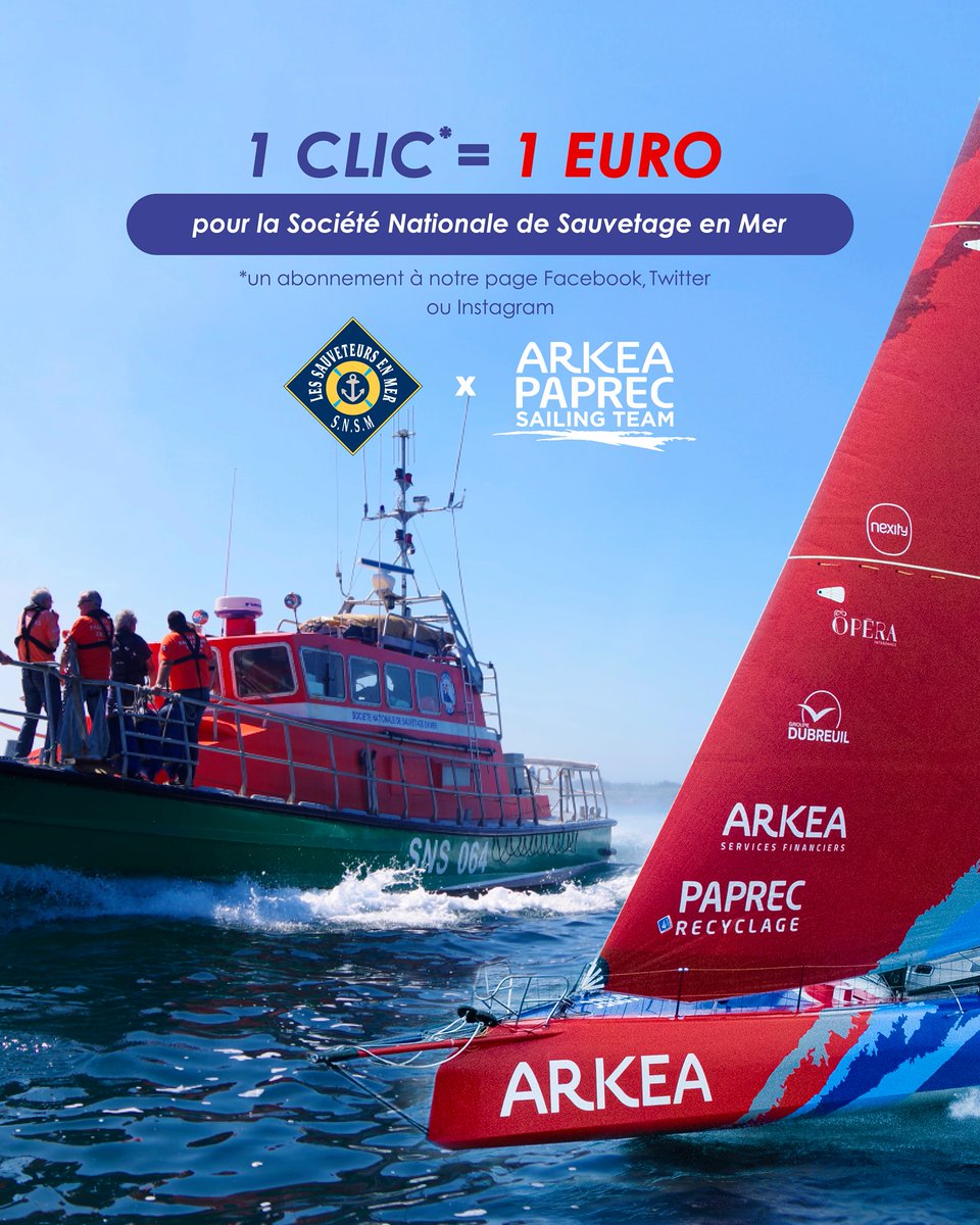 SauveteursenMer's tweet photo. ⛵️ À l'occasion de la #TransatJacquesVabre, @cmarkea &amp; @Paprec_Group renouvellent l'opération "1 clic = 1 € pour la #SNSM" 🖱️ Chaque abonnement sur les réseaux sociaux (FB, Twitter, Insta) de la @TeamArkeaPaprec fera gagner 1 € aux #SauveteursenMer 🧡 👉🏻 https://t.co/ixRAs8YImf https://t.co/Tk43eqRlEj
