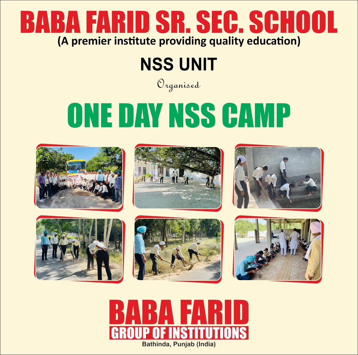 BabaFaridGroup's tweet photo. NSS unit of Baba Farid Sr. Sec. School organized One day cleanliness drive at Dera Baba Sidh Tilk Rai in village Deon which is adopted by Baba Farid Group of Institutions. One hundred volunteers of 10+1 (Arts) and 10+1 (Commerce) participated in this camp.
#BFGI #BFSSS https://t.co/isPu65eJz3