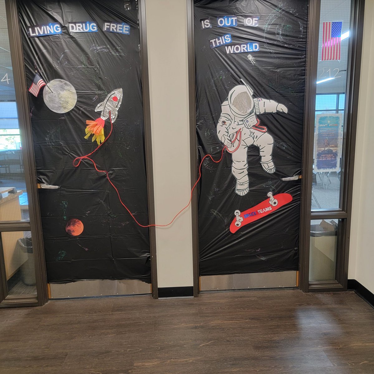 Got an award tor my <a href="/FairmontSchools/">Fairmont Schools</a> "red ribbon  week" door display.  Paid homage to @astrotaz w/ my astronaut wearing a spaceteams mission patch &amp; doing an "ollie" on a skateboard with a #spaceteams sticker.  A Red tether is the lifeline (stay off drugs).