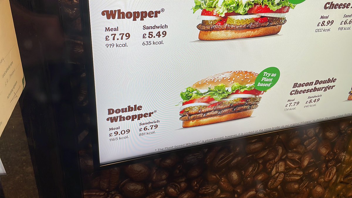 EDJCarey's tweet photo. @BurgerKing why is a double plant based whopper not this price? Just been charged £7.99 and told the meat one is £1.21 cheaper. Is this right? https://t.co/vSSk9TCEaQ