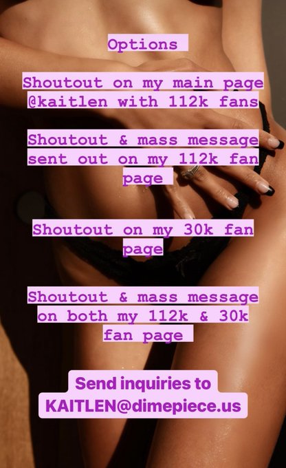 Want a shoutout on my 112k fan onlyfans page?? 👀💜 running discounts all weekend ! Email me kaitlen@dimepiece<a href="/tag/onlyfanspromo"class="tags"><span>#onlyfanspromo</span></a><a href="/tag/onlyfanspromotions"class="tags"><span>#onlyfanspromotions</span></a><a href="/tag/onlyfansp"class="tags"><span>#onlyfansp</span></a>