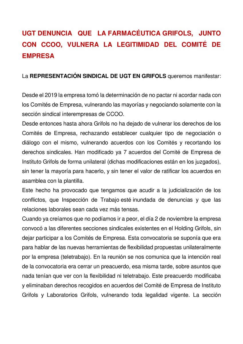 ugtficat's tweet photo. 📢Denunciem la  vulneració del dret de representació sindical a Grifols amb la complicitat de CCOO
🤬No deixarem que trepitgin els drets dels treballadors/es
😤S'està vulnerant sistemàticament la democràcia i al comitè d'empresa
☝️Podeu llegir el comunicat en aquestes imatges https://t.co/lI79CmbzcS