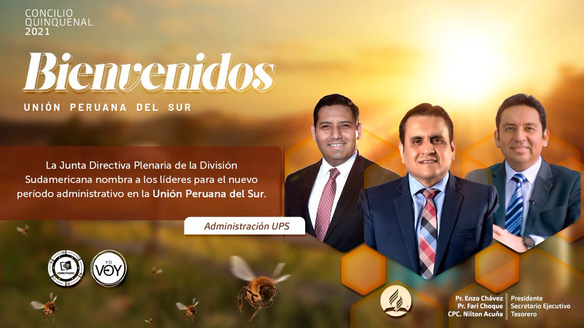 La junta Directiva Plenaria de la División Sudamericana, nombra a la Administración para un nuevo Periodo.

Oramos para que Dios guíe a su Iglesia en el territorio de la Unión Peruana del Sur y sumaremos esfuerzos para llevar a más peruanos para el cielo.