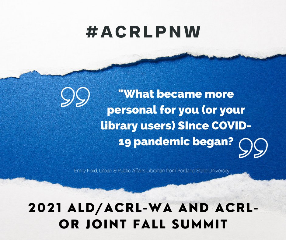 ACRLWA's tweet photo. 2021 ALD/ACRL-WA and ACRL-OR Joint Fall Summit: Block One

Emily Ford, Urban &amp; Public Affairs Librarian from Portland State University is beginning Librarianship Is Person: Qualitative Library Practices in the [Post]COVID-10 Era

#COVIDLibrary
#LibrariesStrong
#ACRLPNW https://t.co/kGNyNBsZVP
